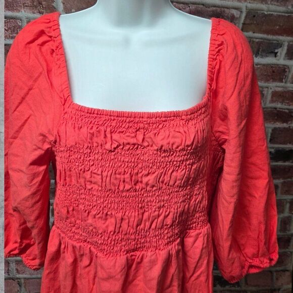 Isabel Maternity Coral Mini Dress Medium Smocked Puff Sleeve Linen Blend - Picture 6 of 7